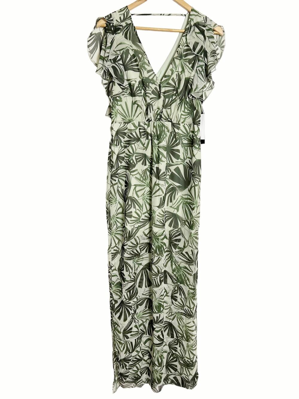 H by Halston Palm Leaf Print Green Sheer V-Neck Ruffle Maxi Dress Size 2